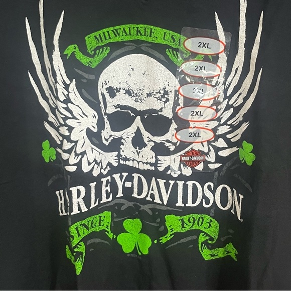 Harley-Davidson Tops - Harley-Davidson Black Tee with White Skull and Neon Green Shamrock Graphics NWT
